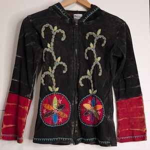 India Boutique Made In Napal Embroidery Distressed Zip Up Hoodie